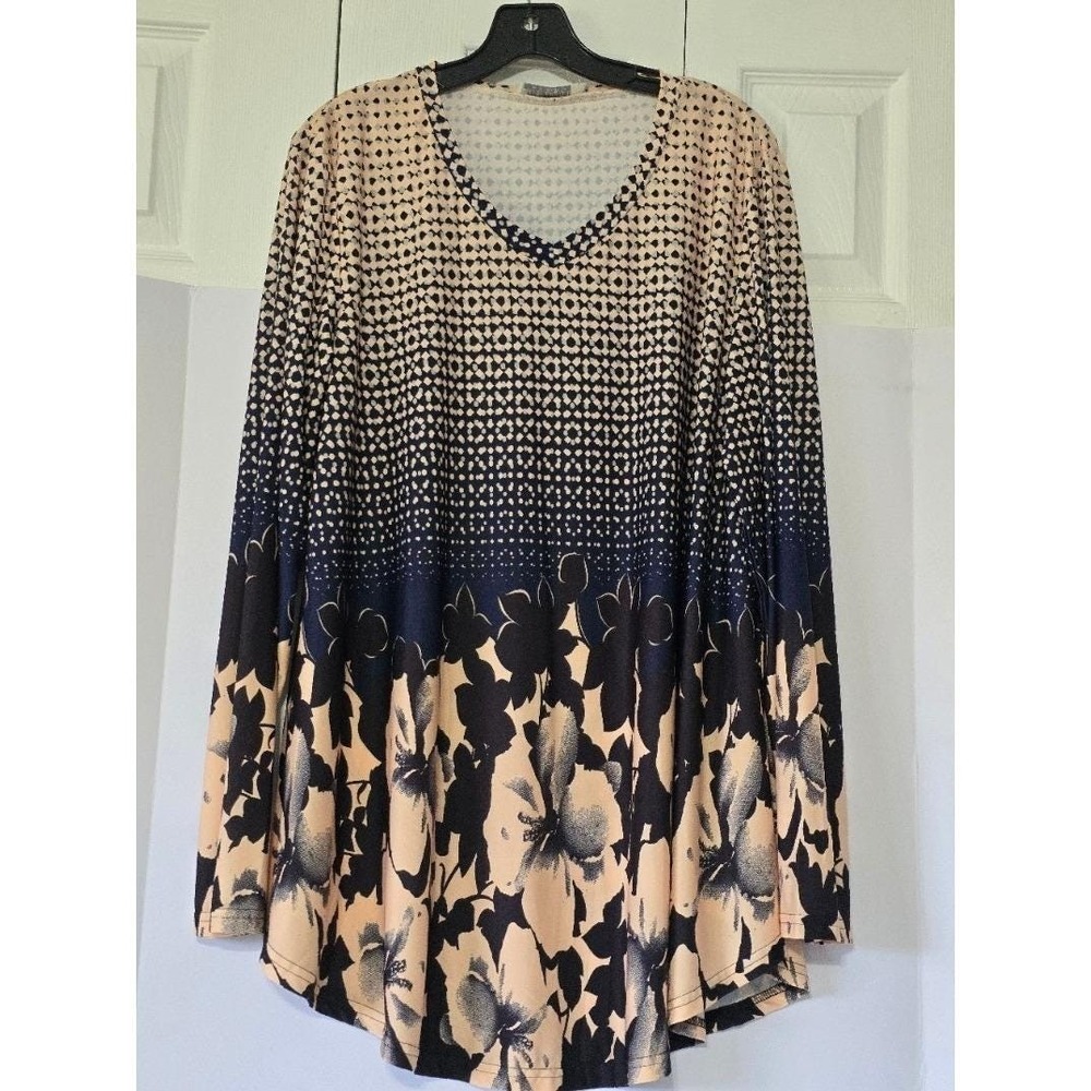BaiShengGT‎ Women's 2XL Long Sleeve V Neck Abstract Floral Print Tunic Top